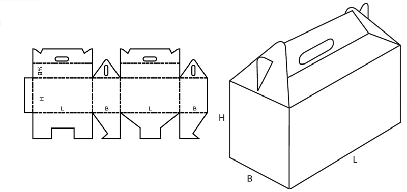 Faltschachtel Verpackung FEFCO 0217 Lunchbox mit Steckboden und anhängendem Tragegriff und Sicherungslasche technische Zeichnung